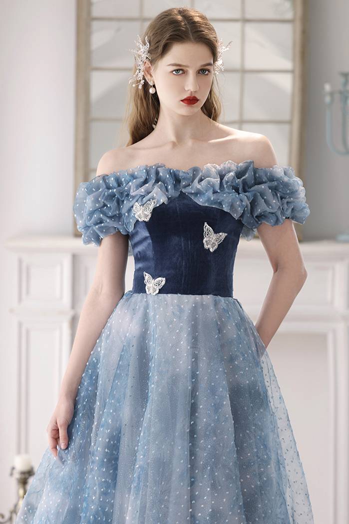 Off the Shoulder Blue Velvet Tulle Princess Gown