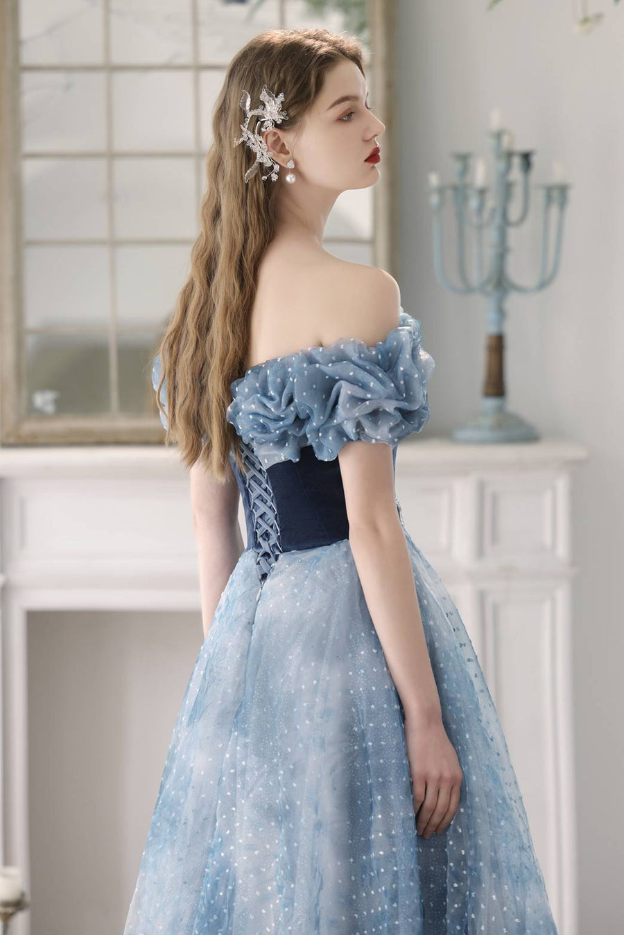 Off the Shoulder Blue Velvet Tulle Princess Gown