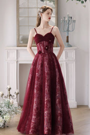 Straps Burgundy Floral A-line Long Formal Dress