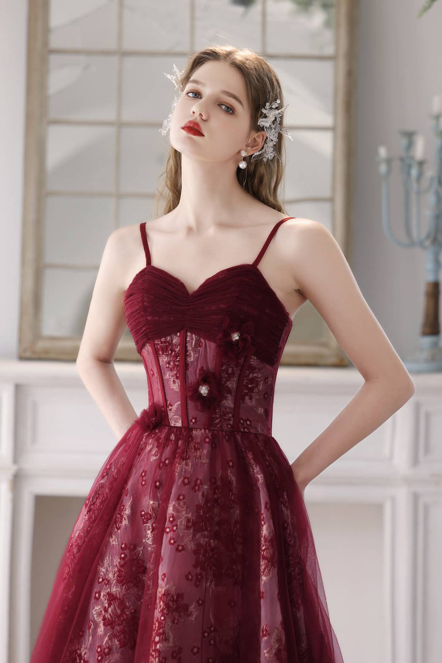 Straps Burgundy Floral A-line Long Formal Dress