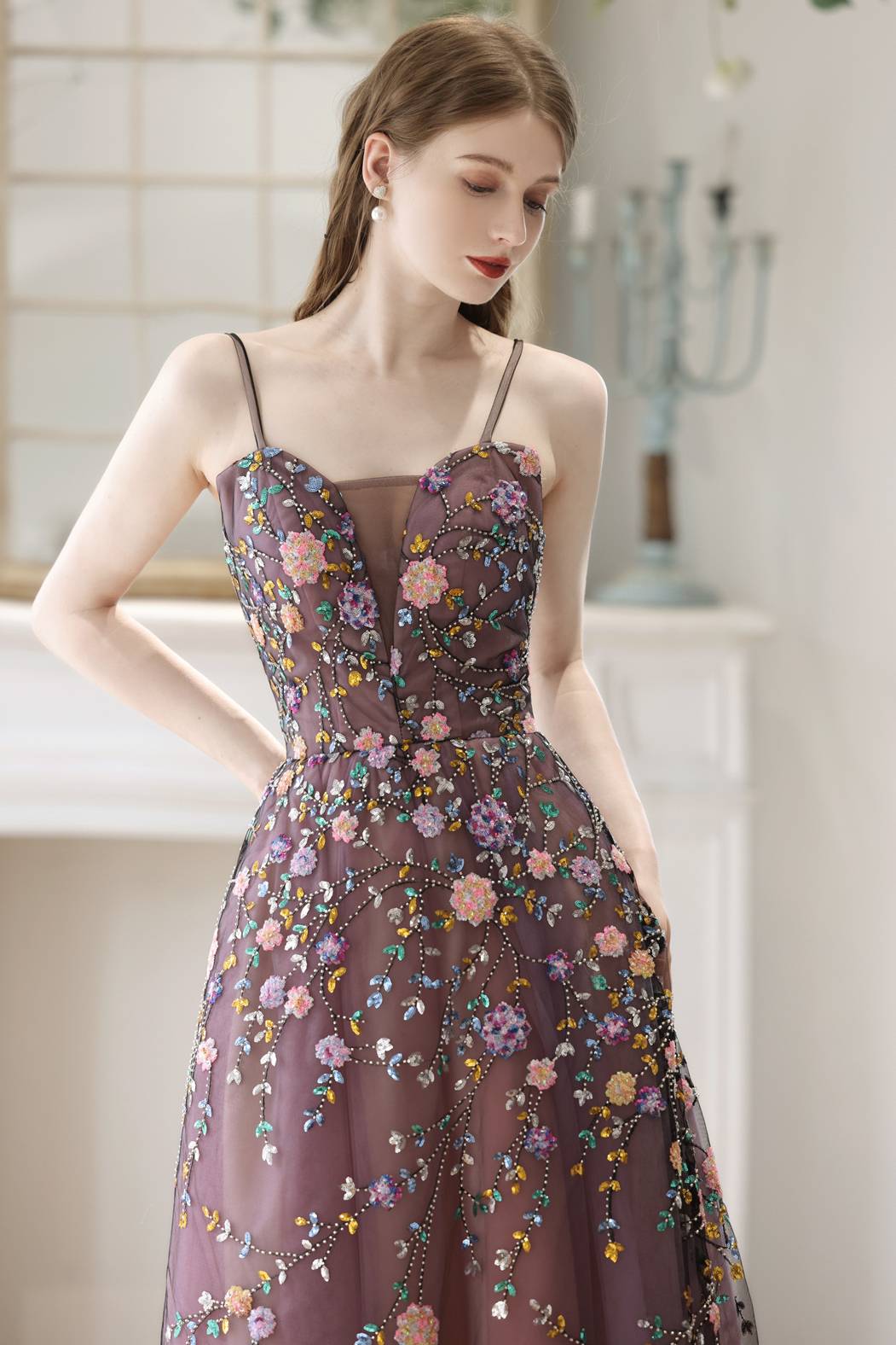 Straps Purple Beaded A-line Long Party Dress Ohmollydress Straps Purple Beaded A-line Long Party Dress Ohmollydress