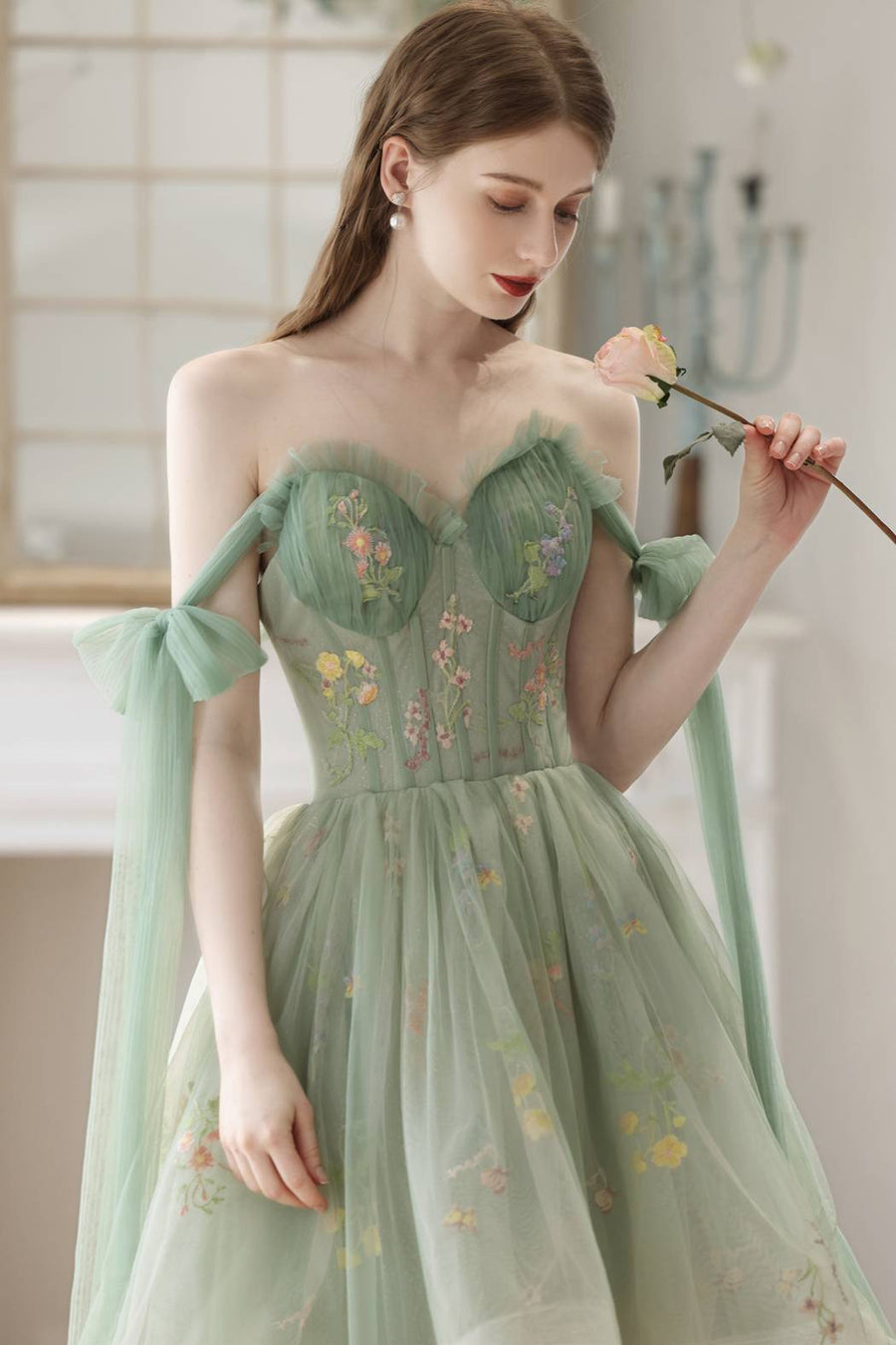 High Low Green Floral Tulle Party Dress