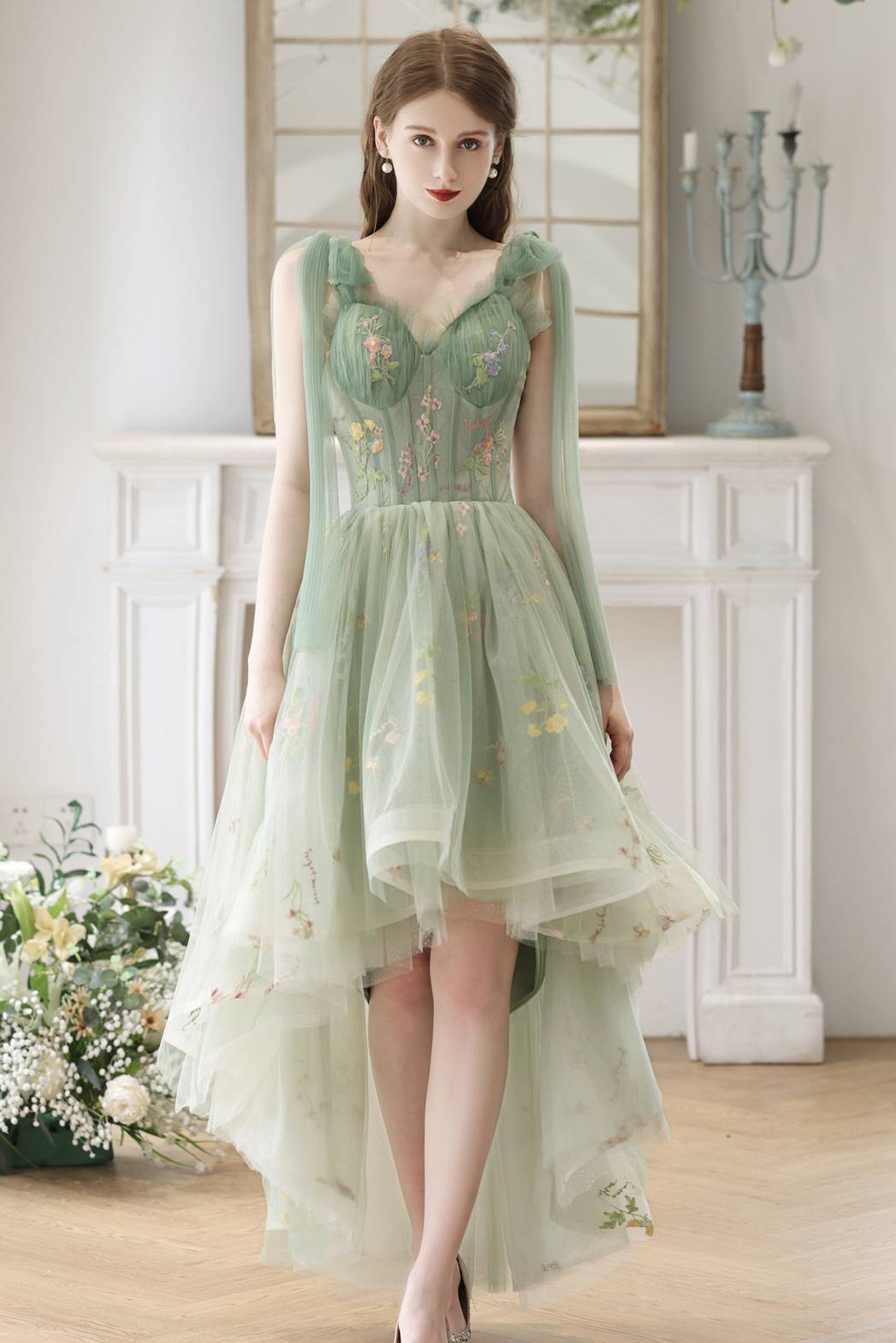 High Low Green Floral Tulle Party Dress Ohmollydress High Low Green Floral Tulle Party Dress Ohmollydress