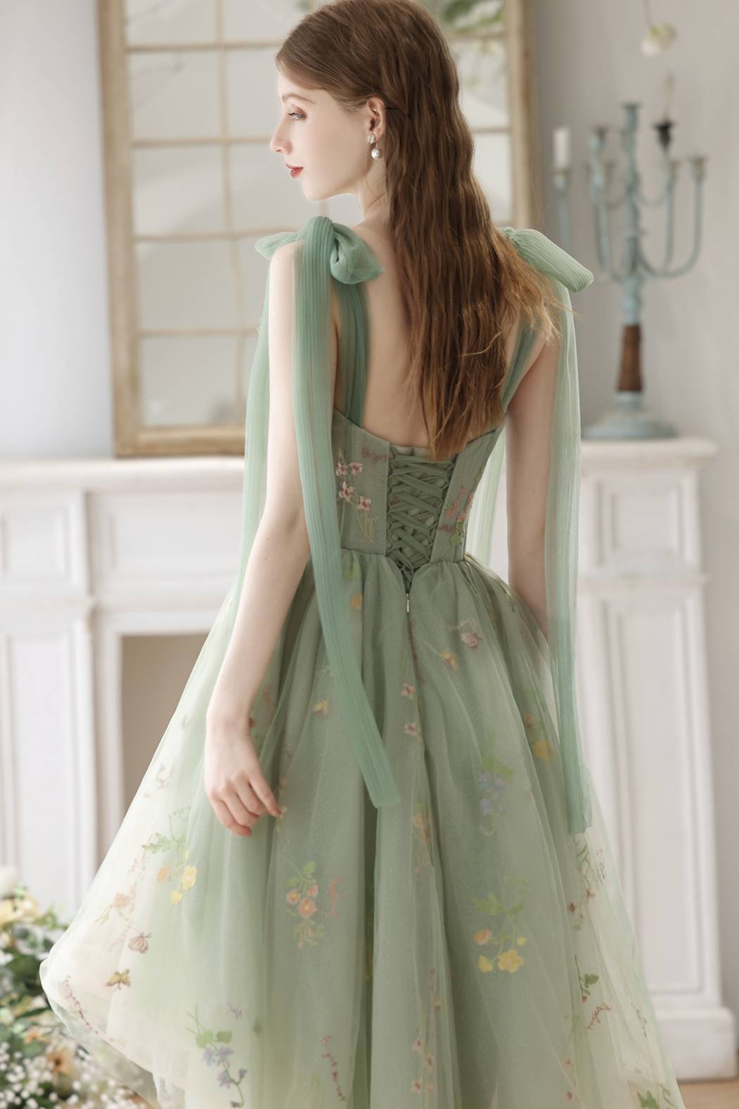High Low Green Floral Tulle Party Dress Ohmollydress High Low Green Floral Tulle Party Dress Ohmollydress