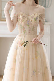 Sweetheart Champagne Floral Corset Long Prom Dress