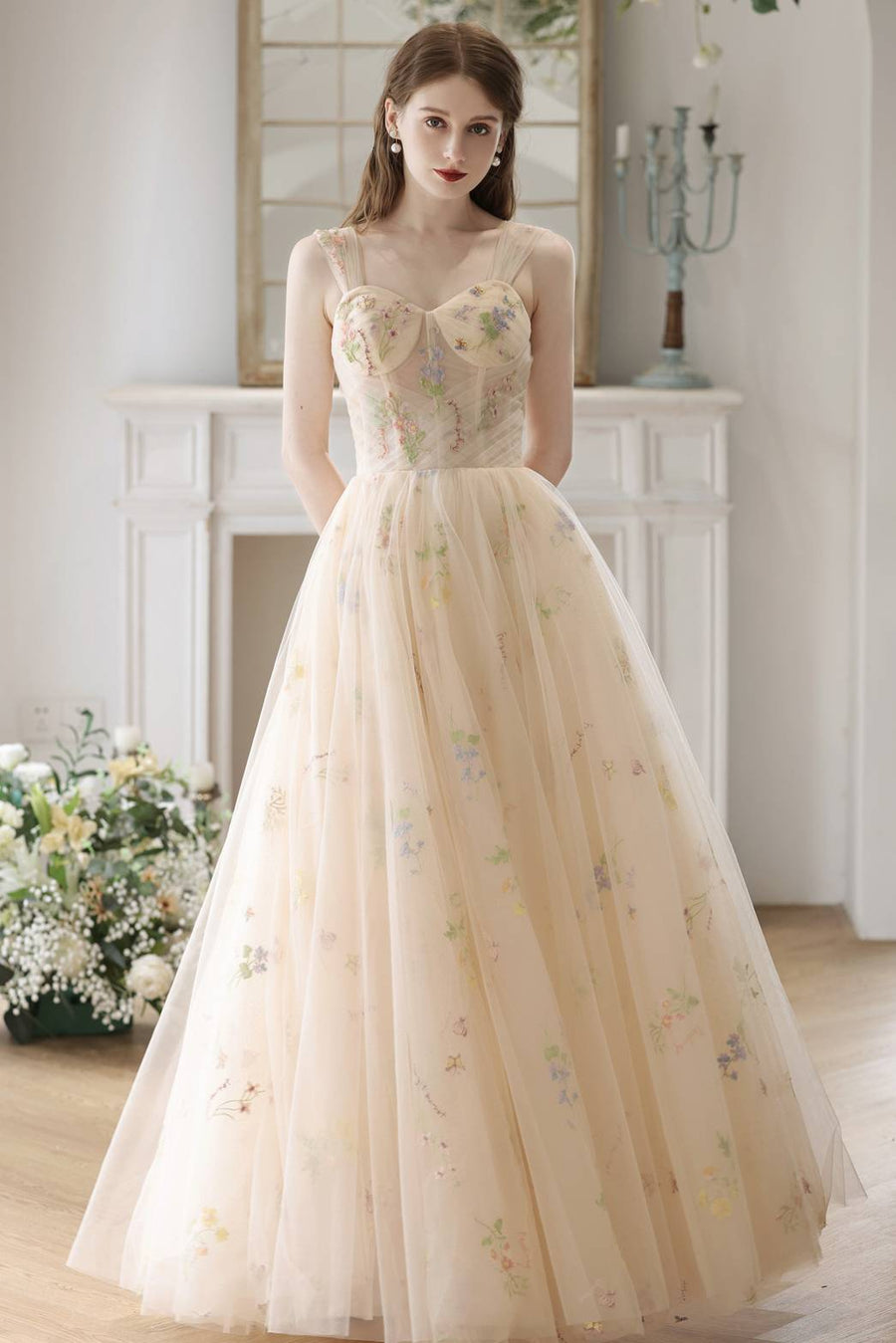 Sweetheart Champagne Floral Corset Long Prom Dress Ohmollydress Sweetheart Champagne Floral Corset Long Prom Dress Ohmollydress