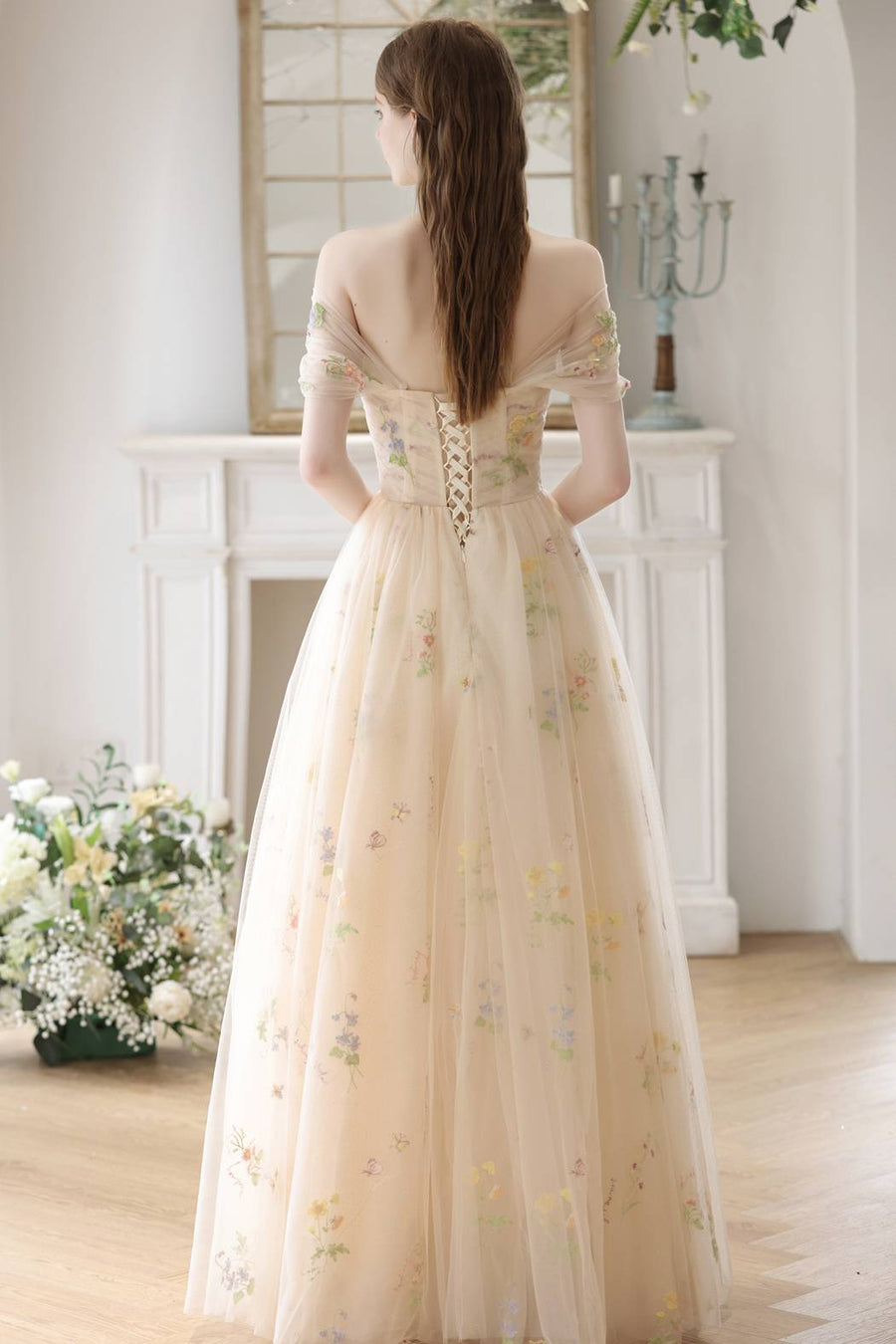Sweetheart Champagne Floral Corset Long Prom Dress