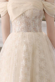 Off the Shoulder Champagne Tulle Princess Gown