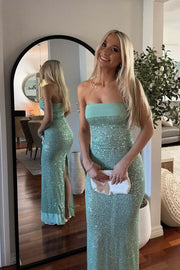 Strapless Mint Green Sequin Fitted Long Dress