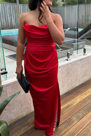 Strapless Red Ruched Long Dress with Slit