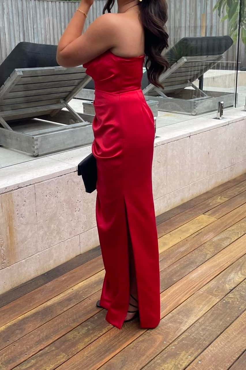 Strapless Red Ruched Long Dress with Slit