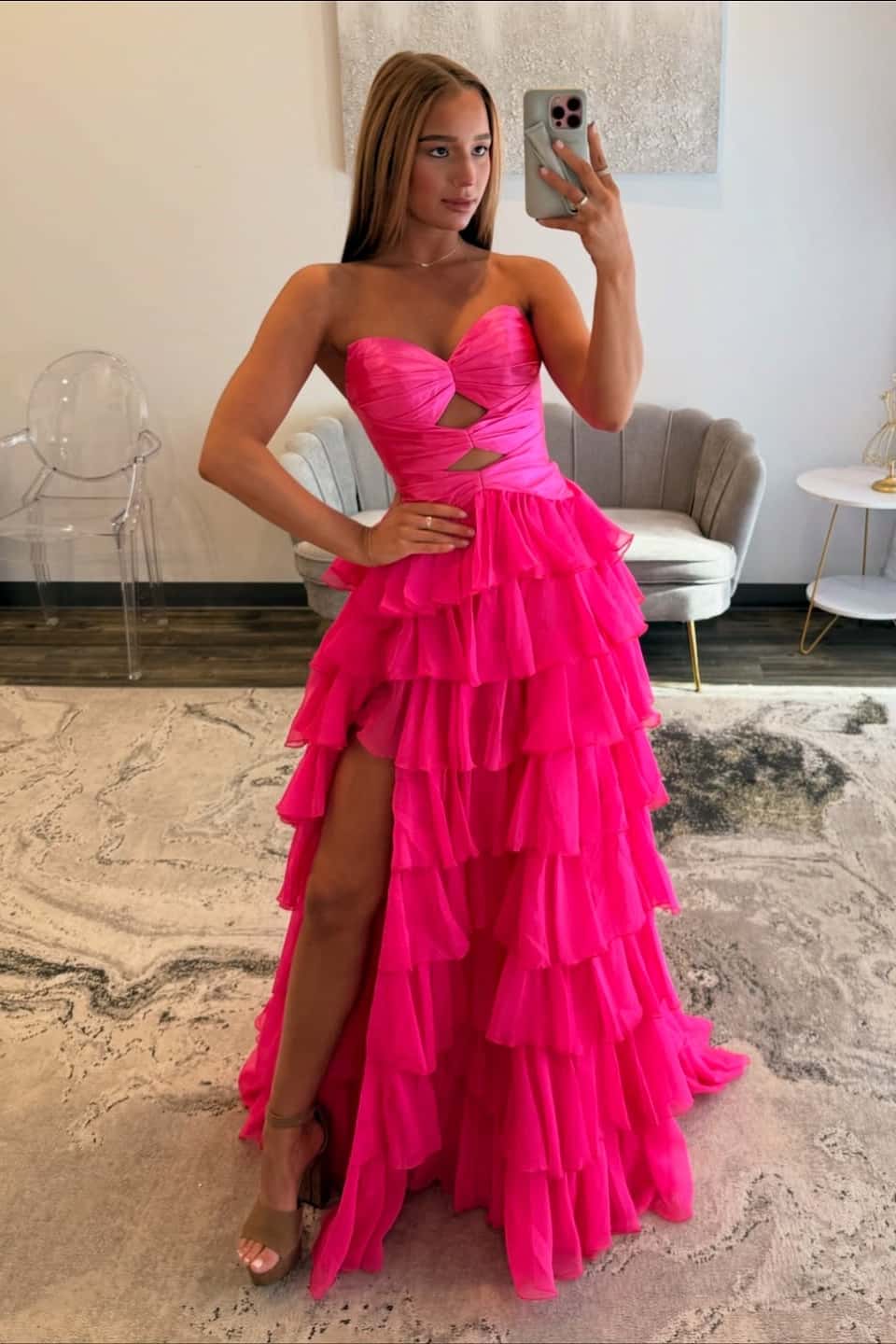 Keyholes Hot Pink A-line Ruffle Prom Dress