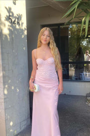 Straps Pink Lace and Satin Slit Long Dress