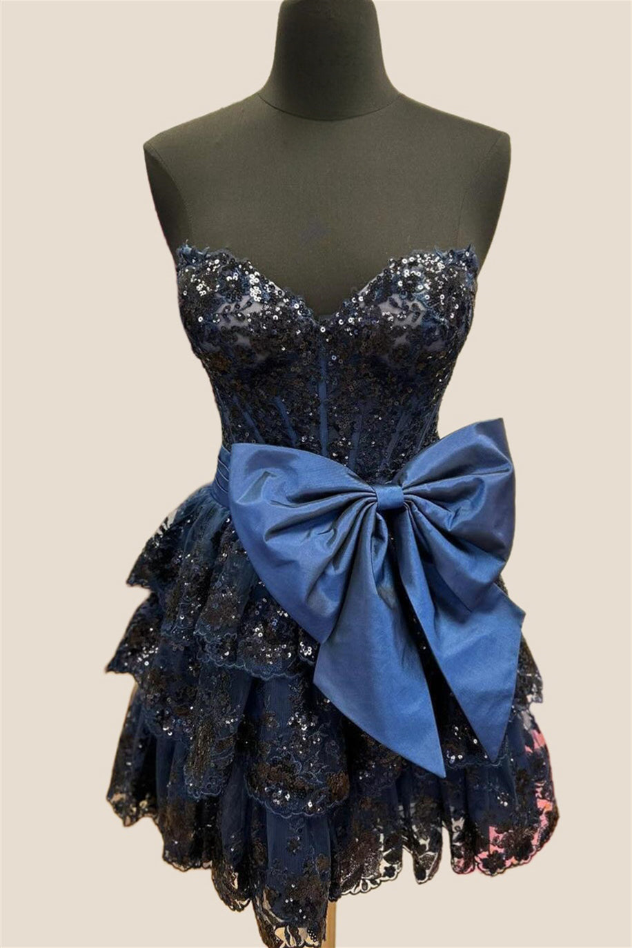 Navy Blue Appliques Ruffle Short Dress with Bow Ohmollydress Navy Blue Appliques Ruffle Short Dress with Bow Ohmollydress