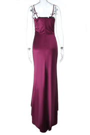 Burgundy Straps Ruched Slit Long Dress