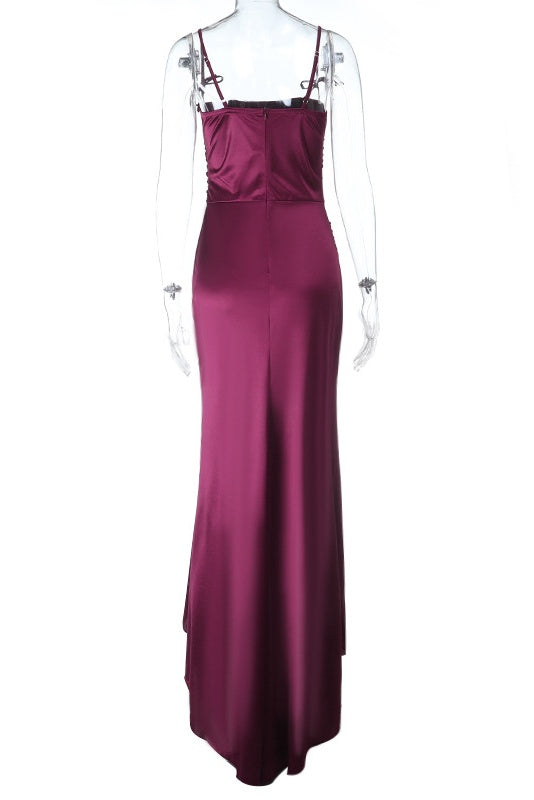 Burgundy Straps Ruched Slit Long Dress