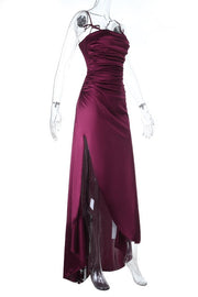 Burgundy Straps Ruched Slit Long Dress