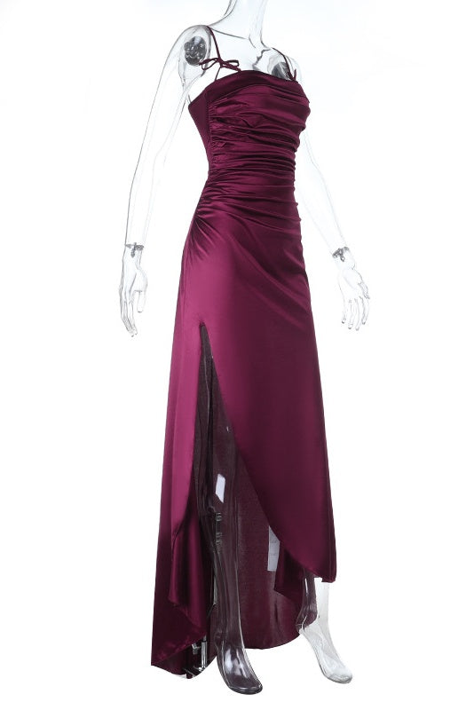 Burgundy Straps Ruched Slit Long Dress