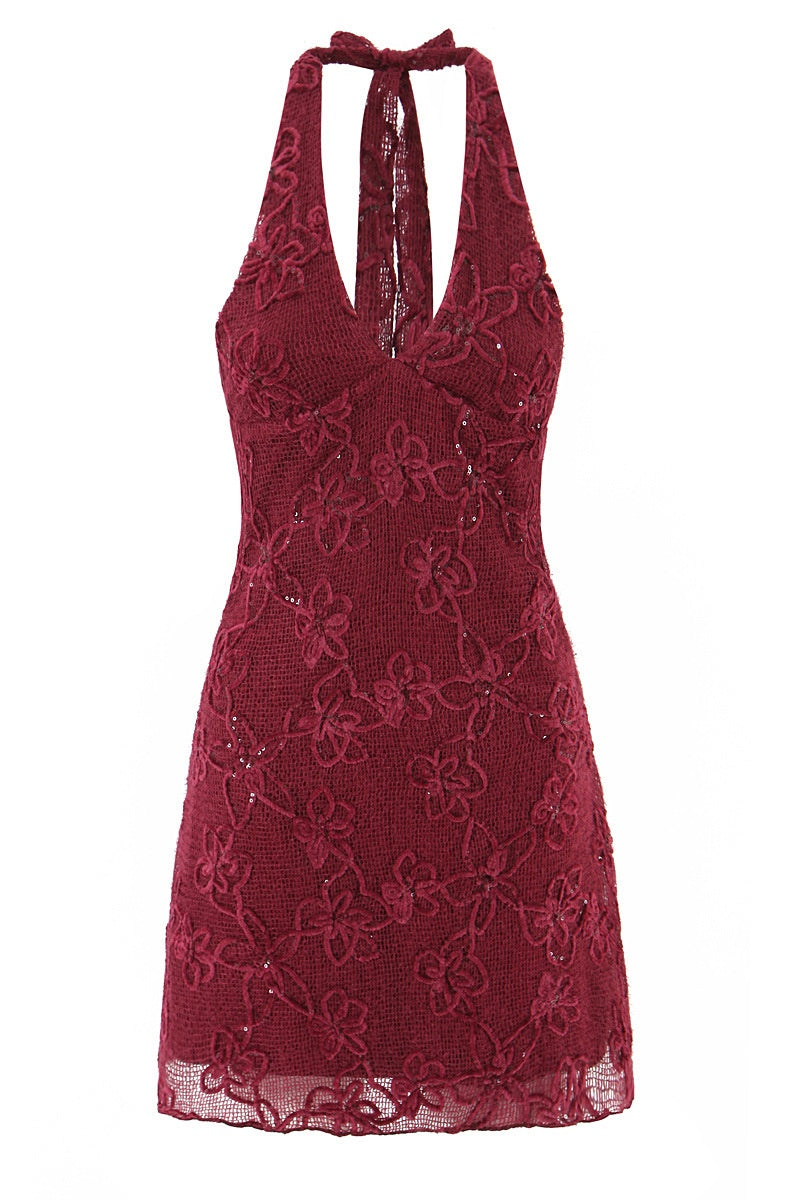 Halter Red Lace Short Dresss