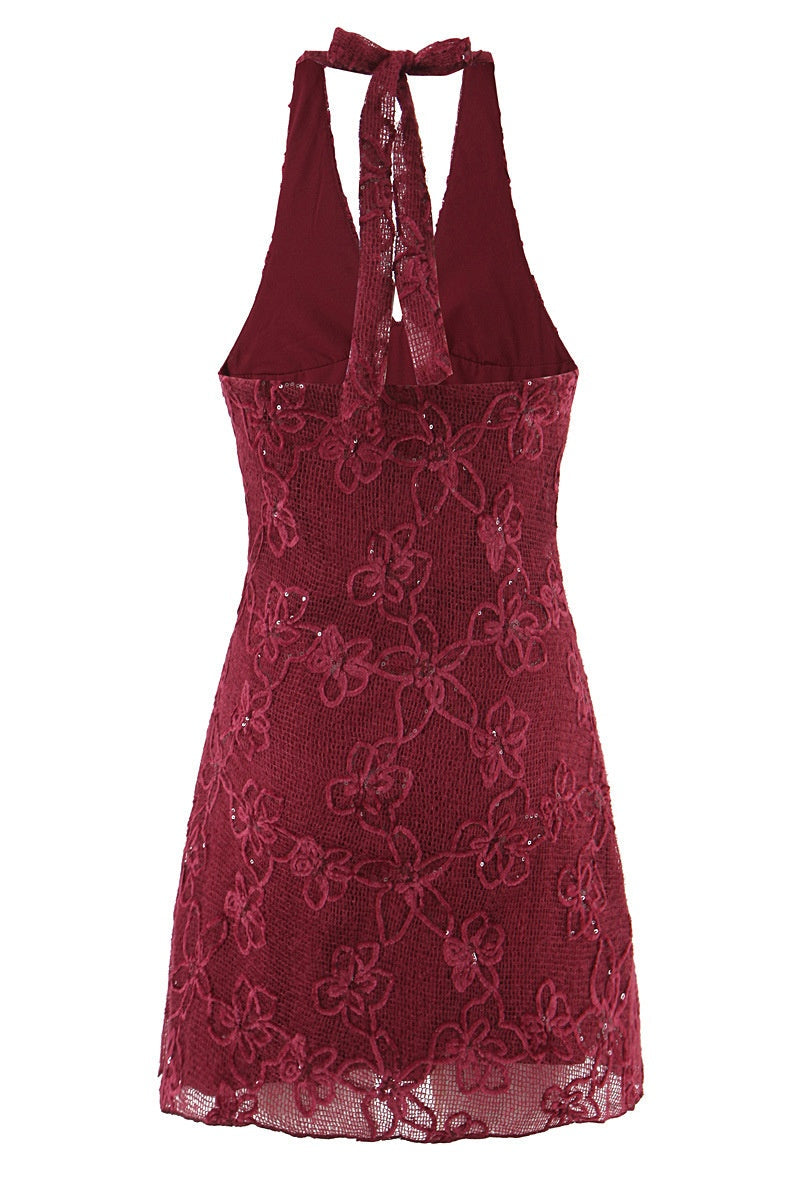 Halter Red Lace Short Dresss
