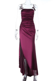 Burgundy Straps Ruched Slit Long Dress