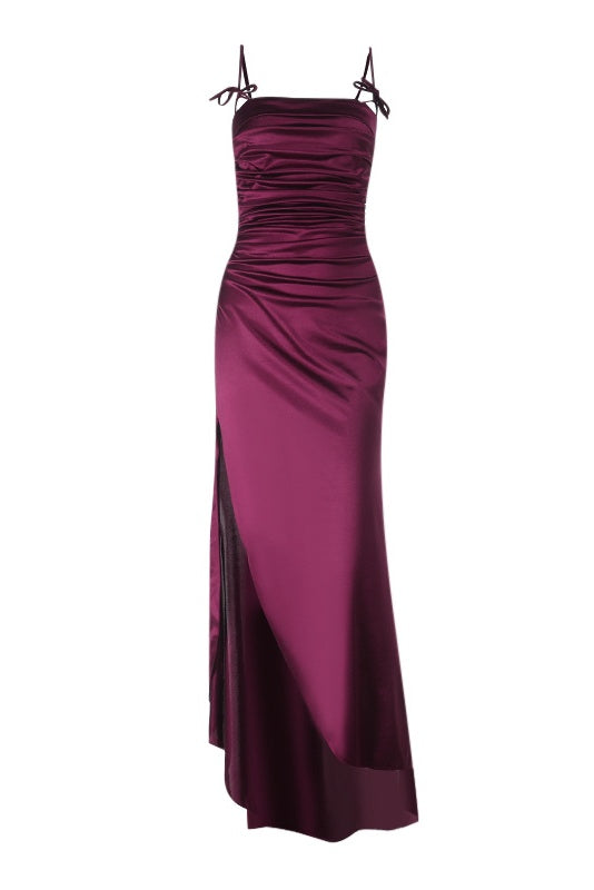 Burgundy Straps Ruched Slit Long Dress