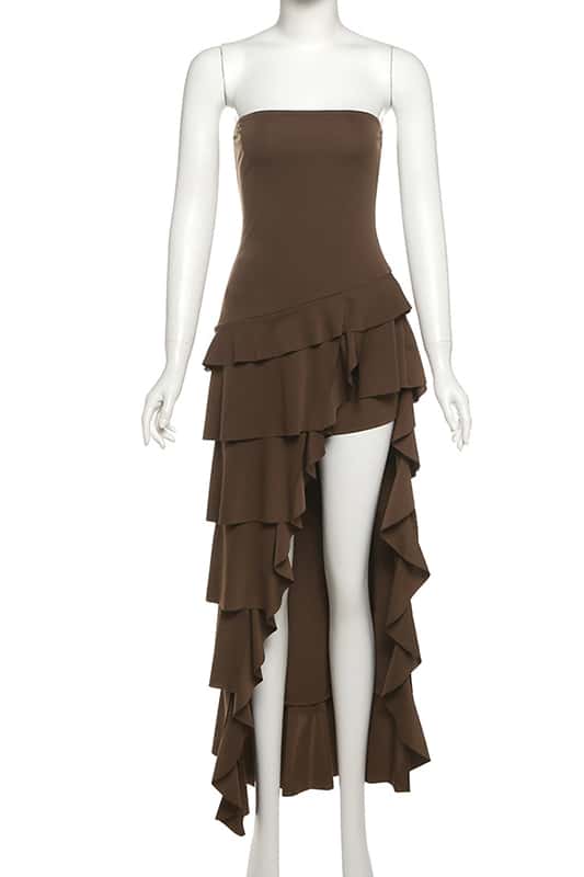 Brown Strapless Asymmetric Ruffle Long Dress