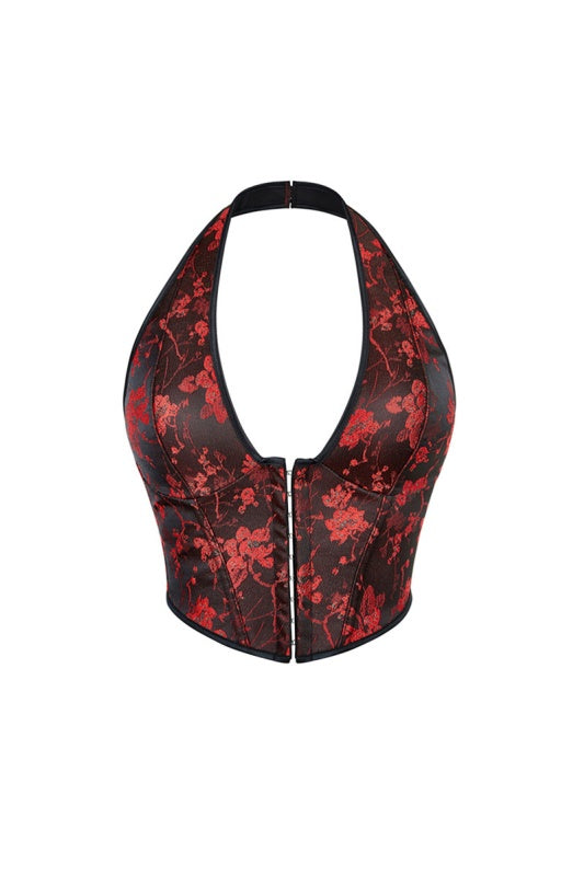 Red Floral Halter Corset Top