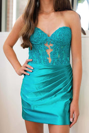 Strapless Blue Appliques Ruched Bodycon Short Dress