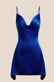 V Neck Blue Satin Short Homecoming Dress