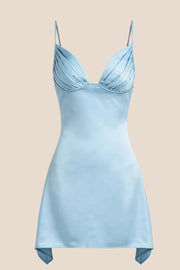V Neck Blue Satin Short Homecoming Dress