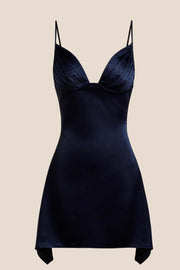 V Neck Blue Satin Short Homecoming Dress