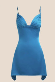V Neck Blue Satin Short Homecoming Dress