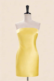 Strapless Yelow Satin Tight Short Dress