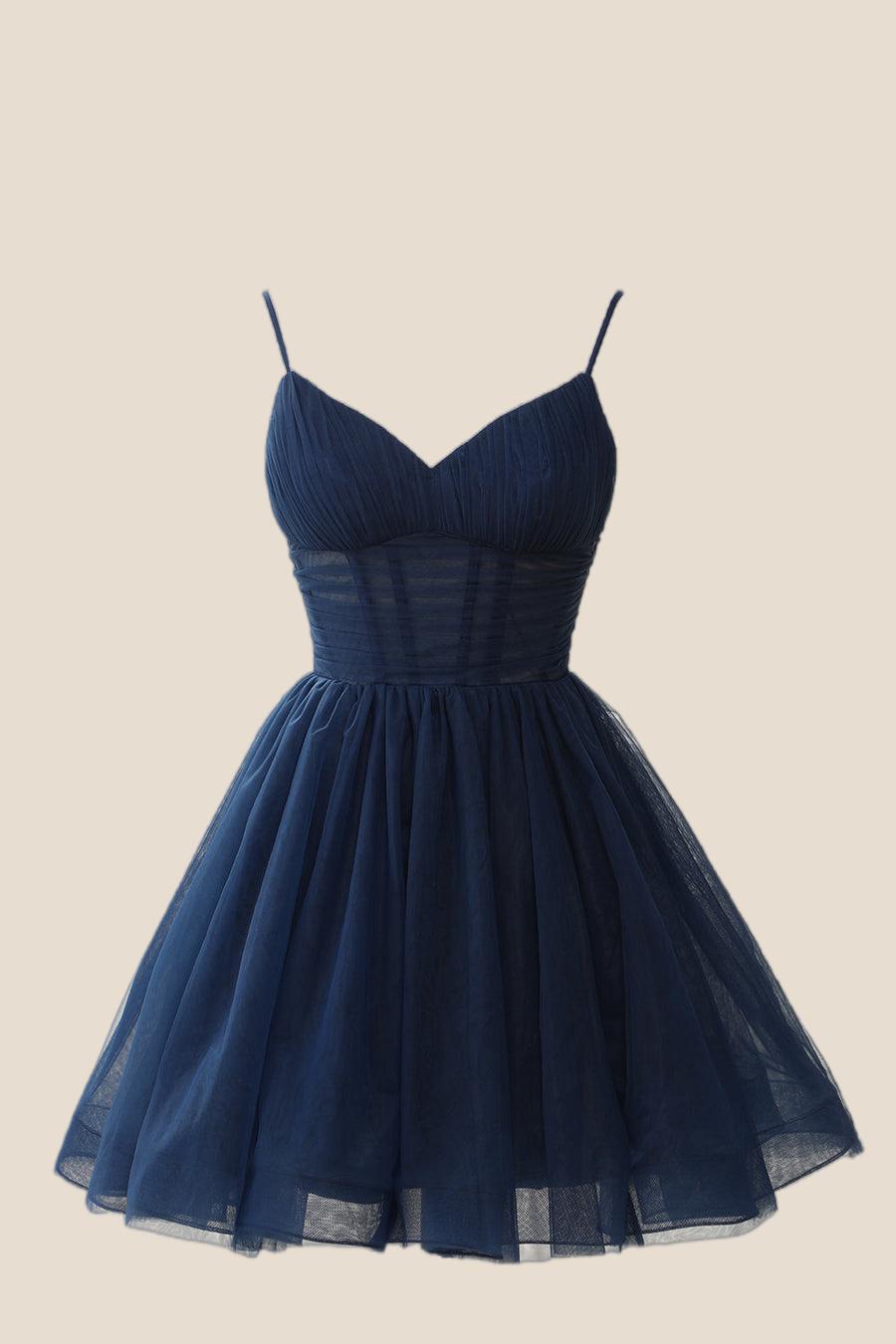 Straps Navy Blue Pleated A-line Homecoming Dress