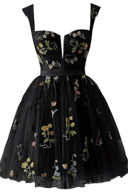 Cap Sleeves Blue Floral A-line Short Dress