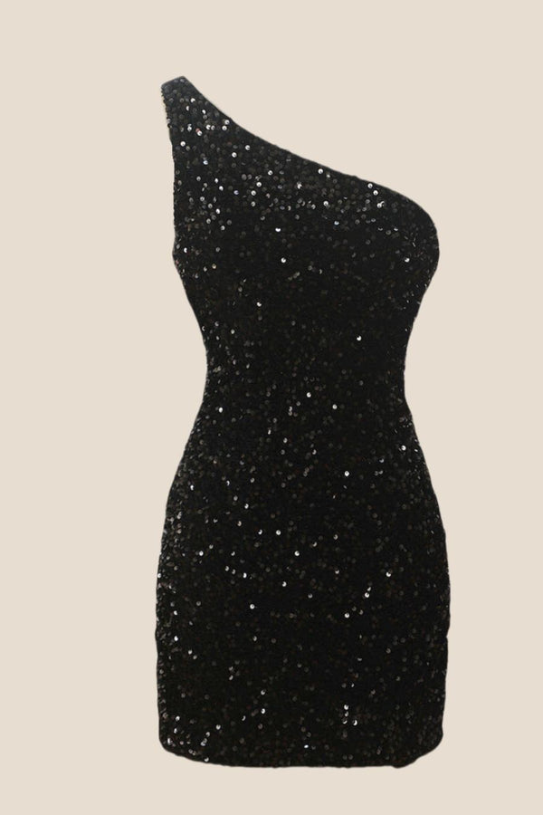 One Shoulder Black Sequin Bodycon Mini Dress – Ohmollydress