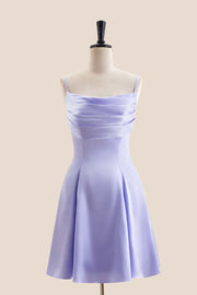 Navy Blue Cowl Neck Short Dress with Back Bow