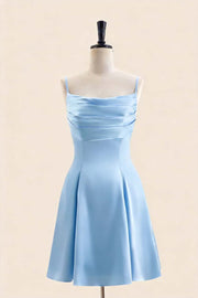 Navy Blue Cowl Neck Short Dress with Back Bow