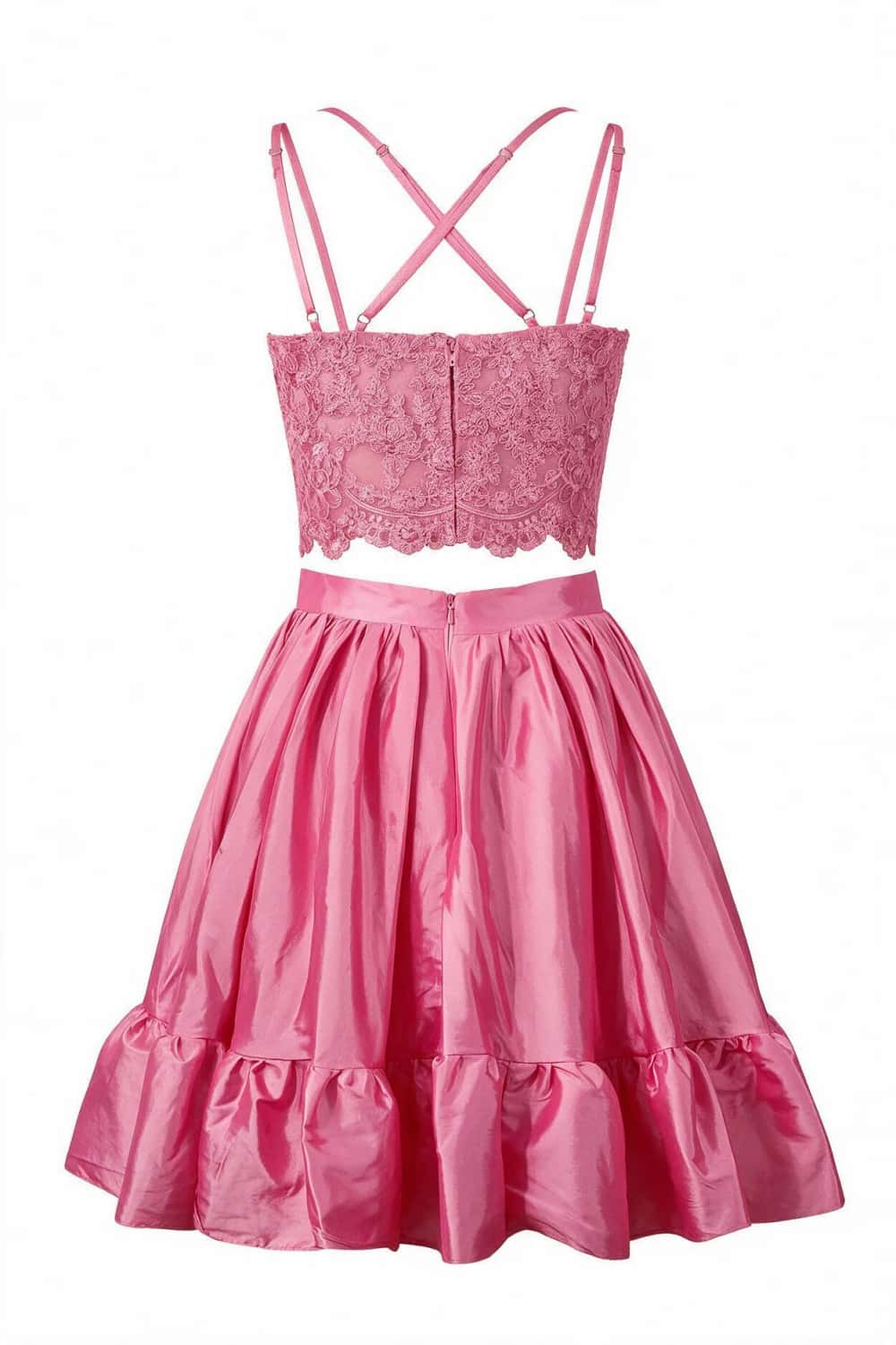 Two Pieces Pink Lace Appliques Short Dress