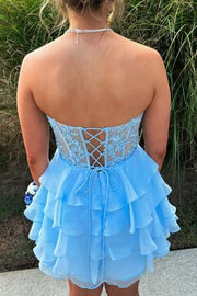 US 4 Blue Appliques Short Ruffle Homecoming Dress