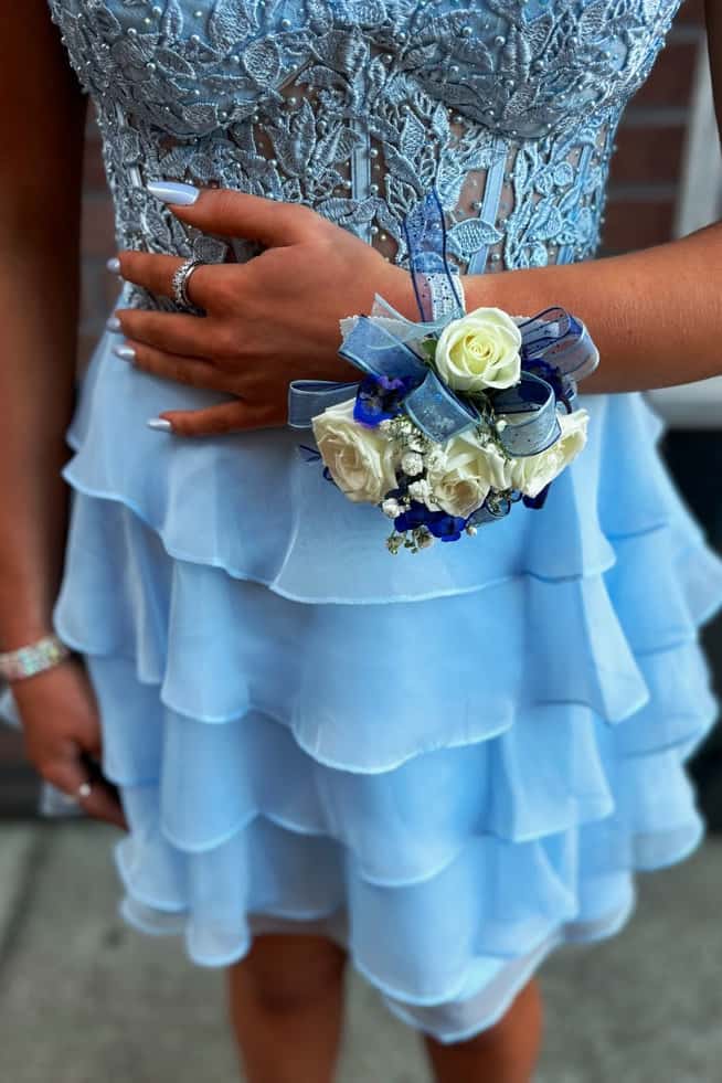 US 4 Blue Appliques Short Ruffle Homecoming Dress