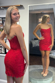 Strapless Green Lace Beaded Bodycon Short Dress