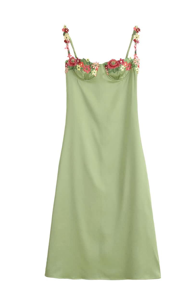 Green Floral Embroidery Sheath Long Dress