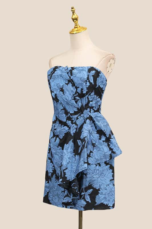 Strapless Blue Floral Ruched Short Dress