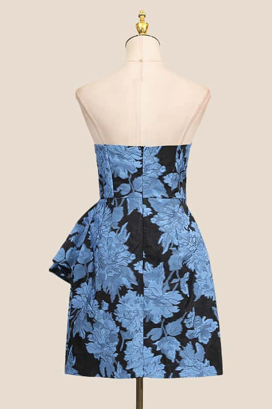 Strapless Blue Floral Ruched Short Dress
