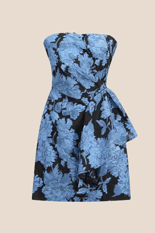 Strapless Blue Floral Ruched Short Dress