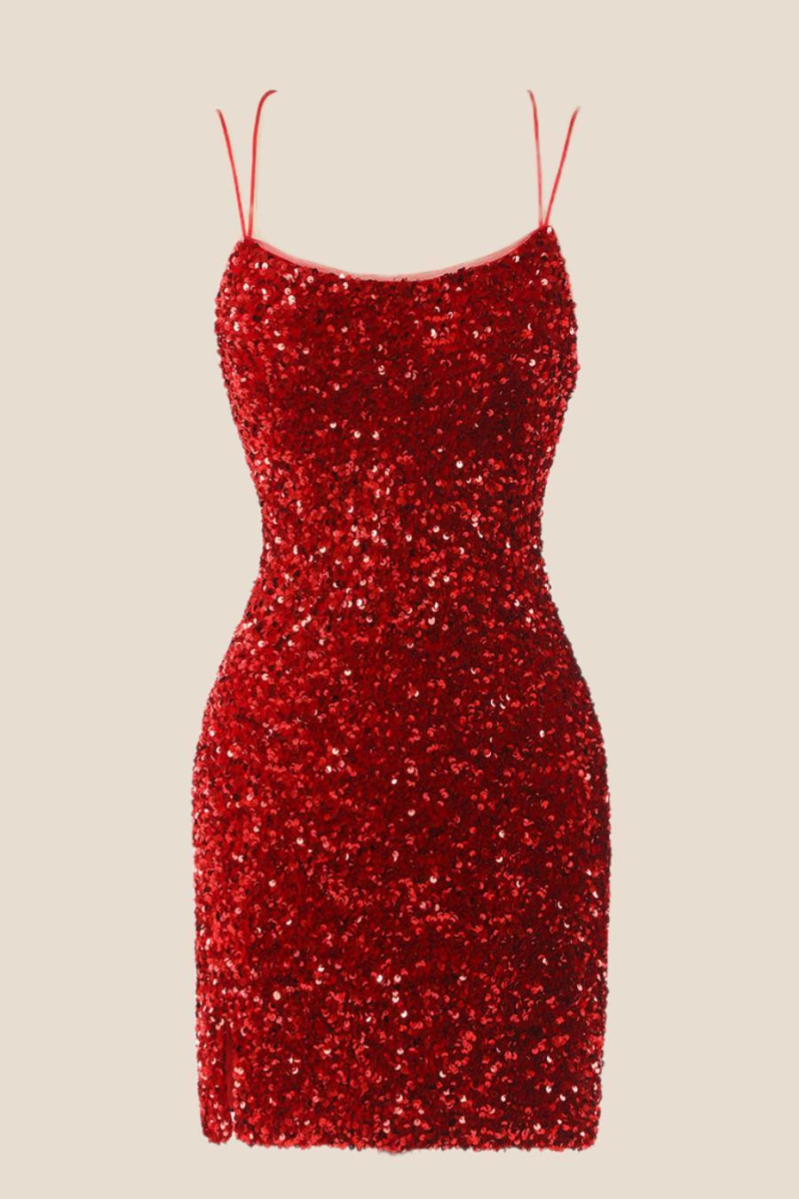 Red Sequin Bodycon Mini Party Dress with Double Straps