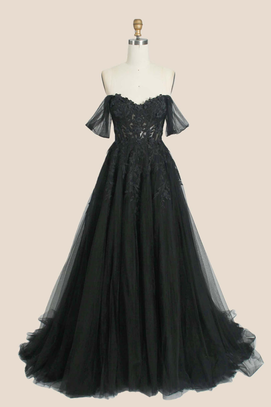 Black Floral Embroidery Strapless A-line Formal Dress