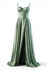 Sage Green Corset A-line Satin Long Formal Dress
